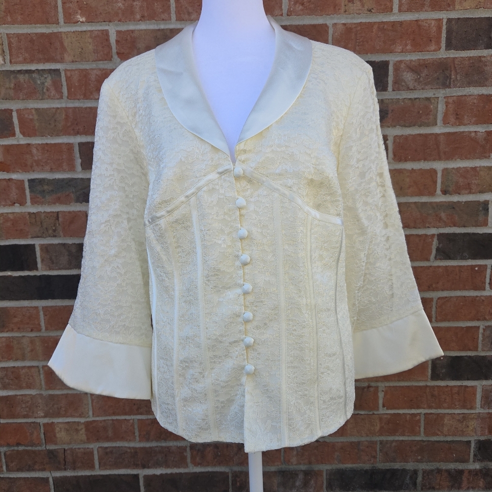 Vintage J.R. Nites Cream Lace Overlay Evening Top Satin Trim 14W